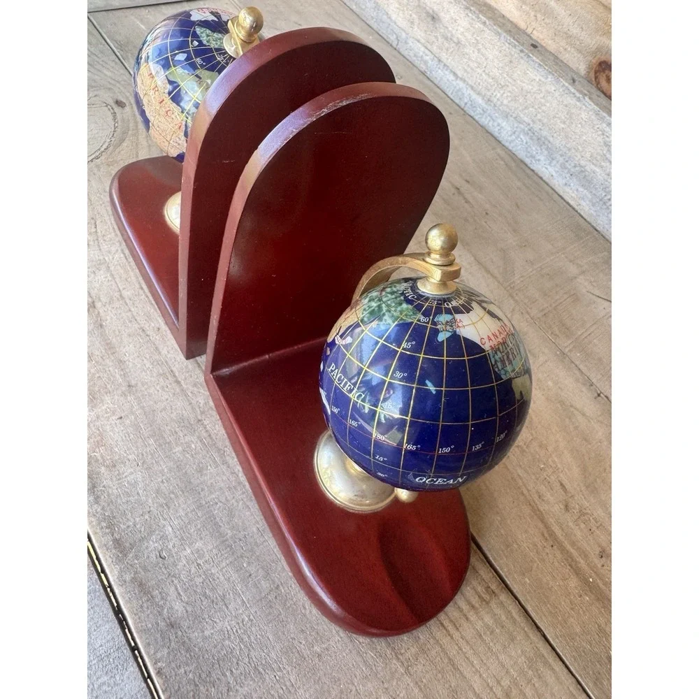Vintage Gemstone World Globe Bookends, Brass meridian on Wood base